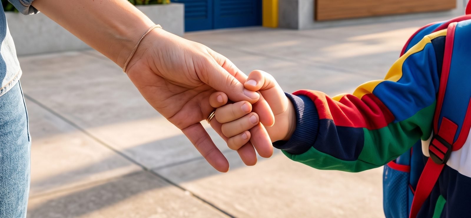 Mão de uma mãe segurando a mão do filho a caminho da escola