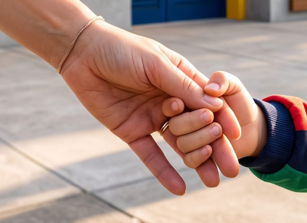 Detalhe da mão de uma mãe segurando a mão pequena do filho