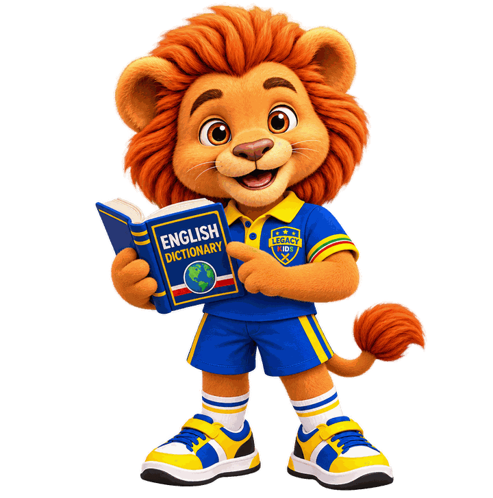Gideon, o leão da Legacy Kids, segurando um livro de inglês