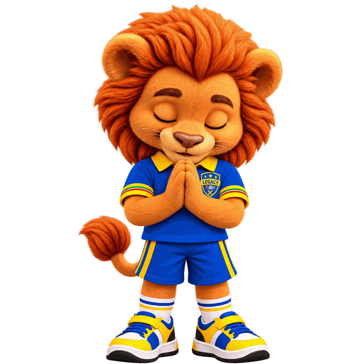 Gideon, o leão da Legacy Kids, orando de olhos fechados
